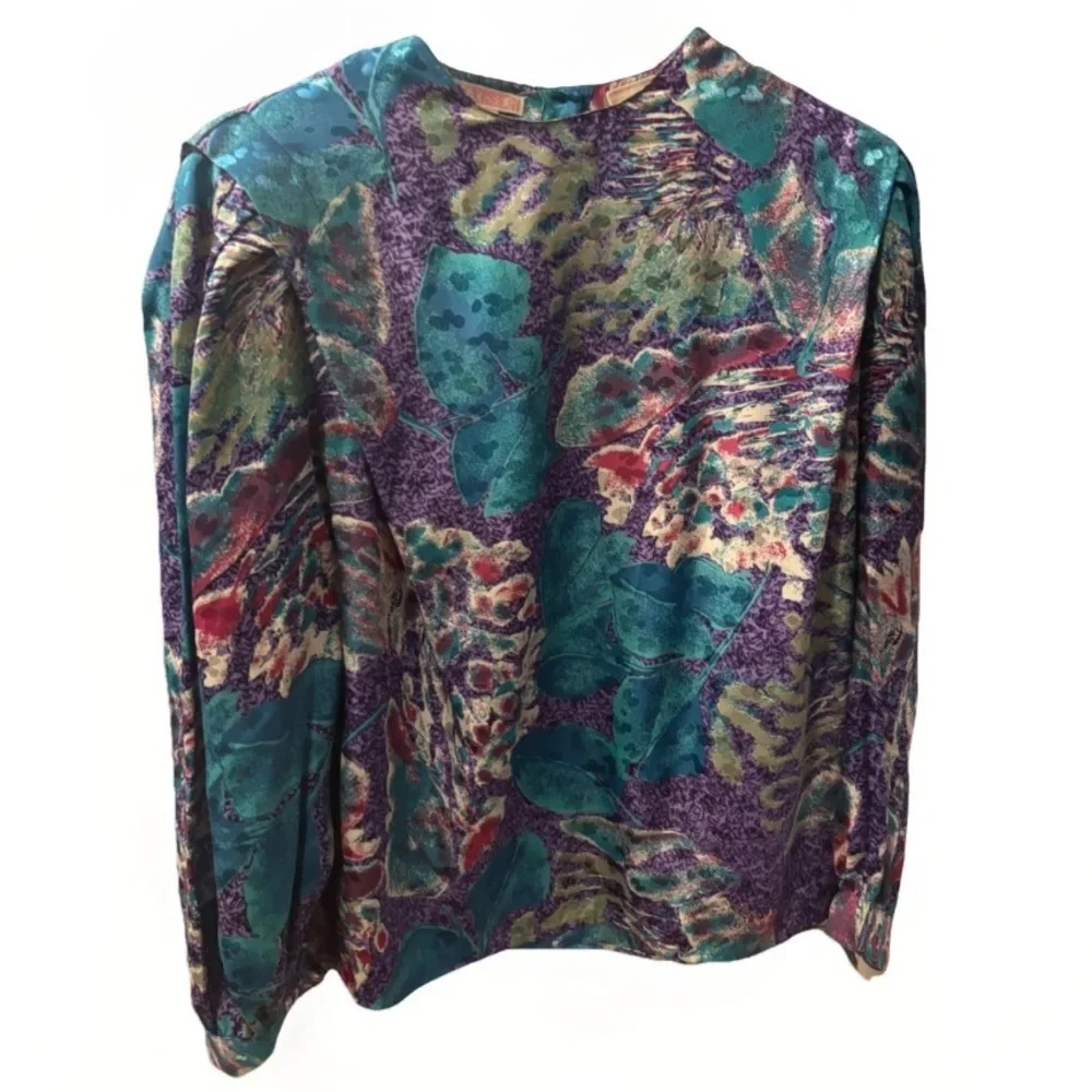 Vintage 80s Librarian Silky Artsy Sz M 8 Blouse Grannycore Shoulder Pads - Picture 2 of 5